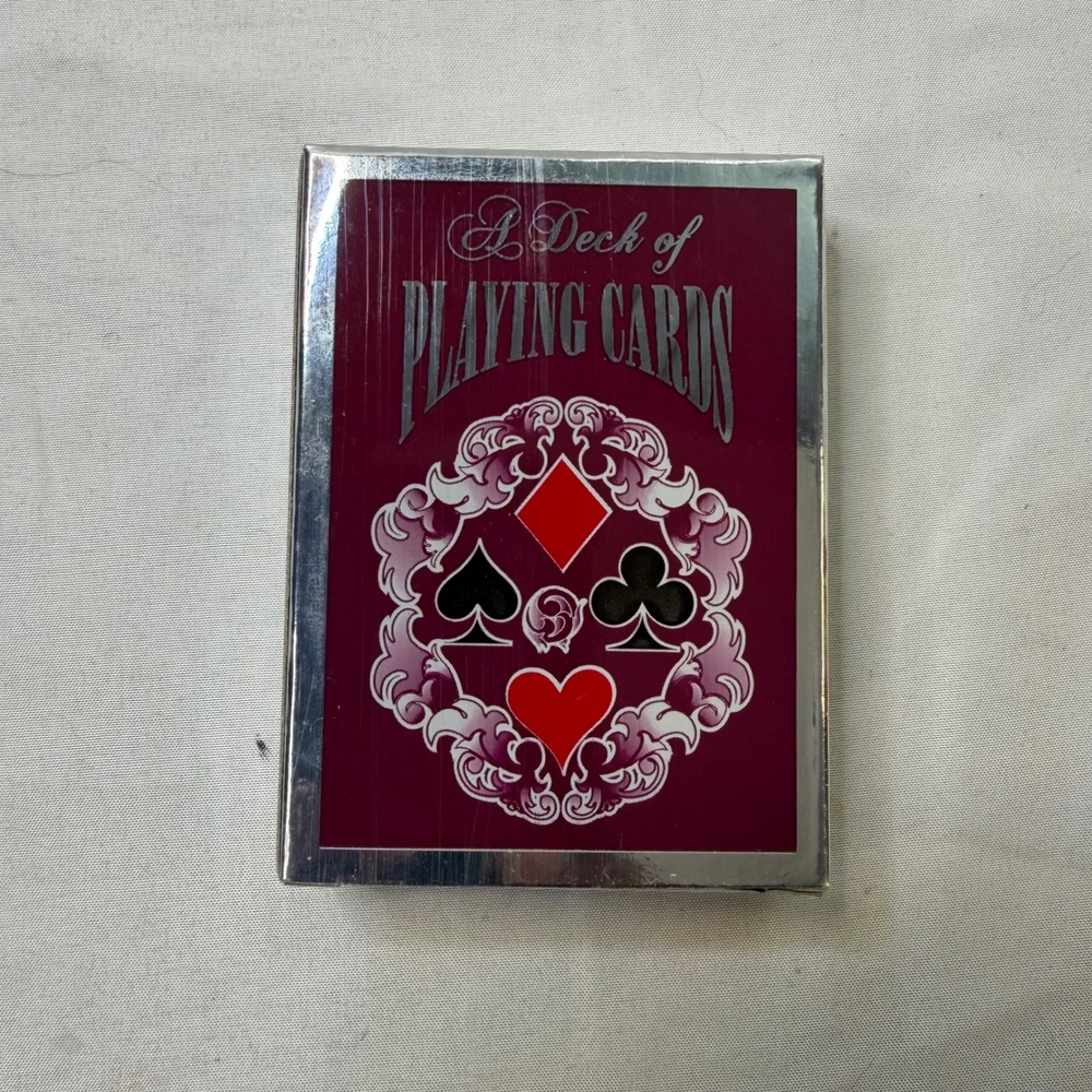 Vintage Style Playing Cards Deck Silver Metallic Foil Box Red Patterned Backs